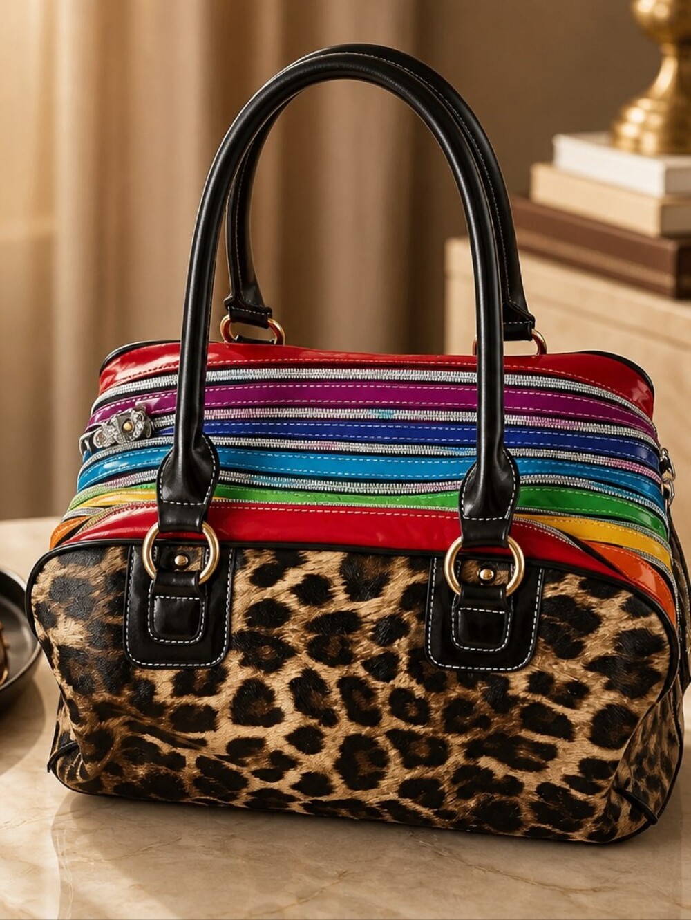 Leopard Print Satchel with Rainbow Zipper Accents EUC